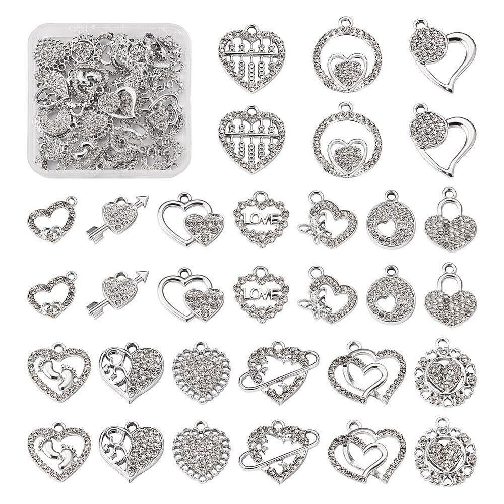 5433 32pcs Heart Rhinestone Charms for Valentine's Day 16 Styles Heart Love